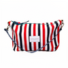 BOLSO DE LONA RÚSTICA A RAYAS ROJAS Y AZULES, ZIP TURQUESA