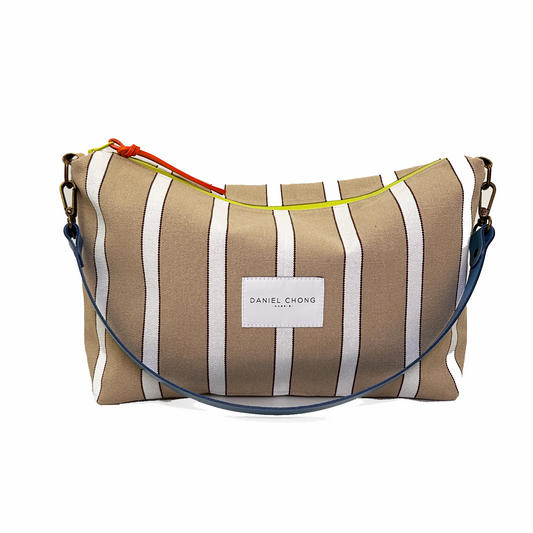 BOLSO DE LONA RÚSTICA A RAYAS BEIGE, ZIP VERDE FLÚOR