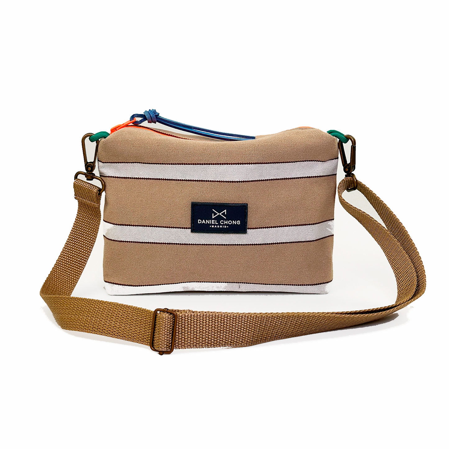 BANDOLERA MINI LONA RÚSTICA RAYAS BEIGE, ZIP NARANJO FLÚOR