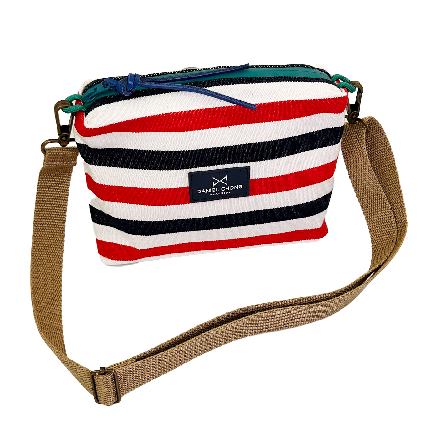 BANDOLERA MINI LONA RÚSTICA RAYAS ROJAS Y AZULES, ZIP TURQUESA