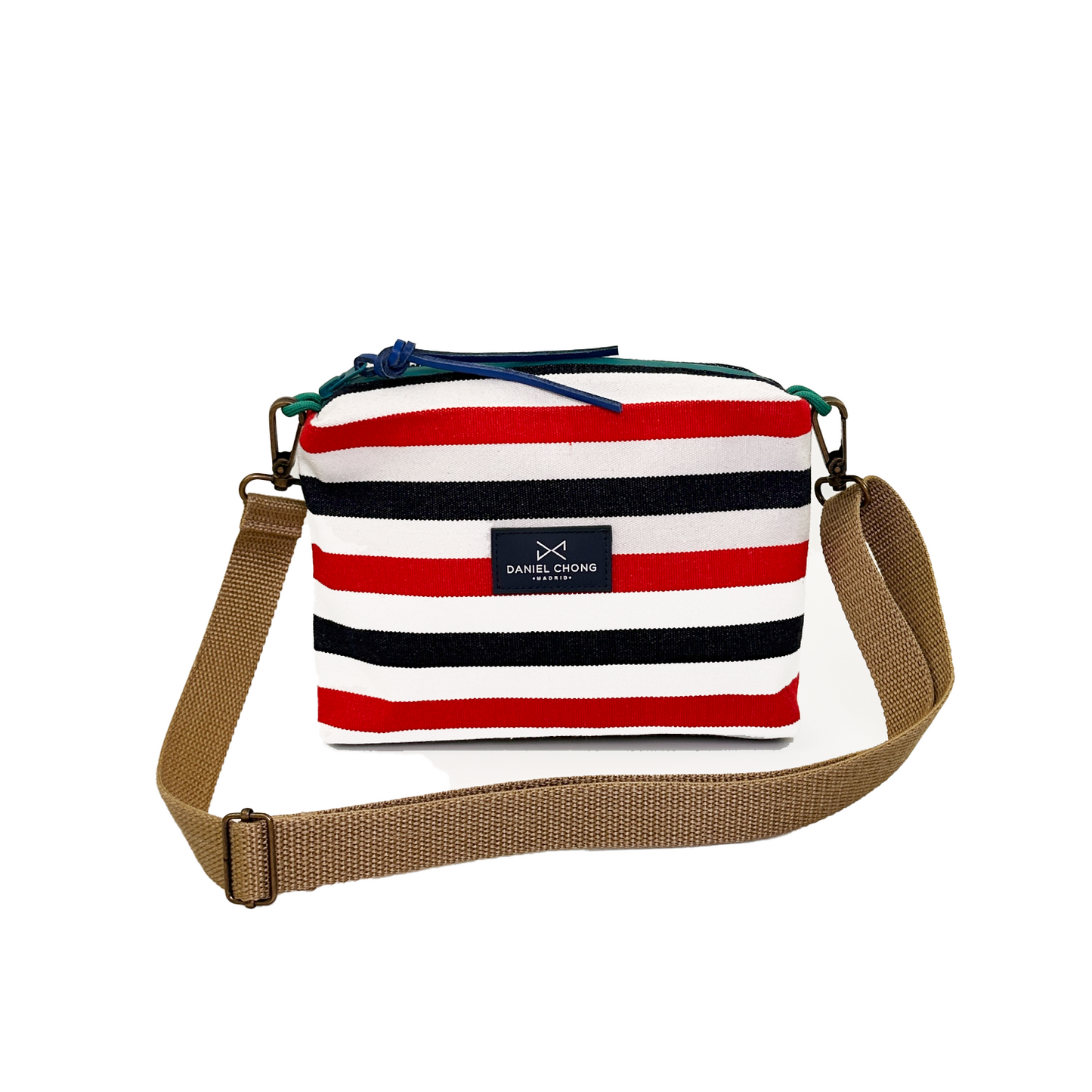 BANDOLERA MINI LONA RÚSTICA RAYAS ROJAS Y AZULES, ZIP TURQUESA